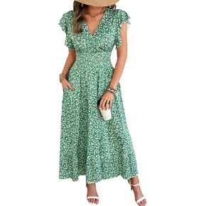 فستان نسائي طويل مزين بالورود - فستان صيفي بأكمام قصيرة ورقبة على شكل حرف V مع خصر وجيب in Kuwait