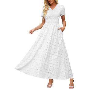 Womens Lace Floral Maxi Dress V Neck Short Sleeve Hollow Out Eyelet A Line Flowy Boho Summer Beach Wedding Guest Dresses in Saudi Arabia