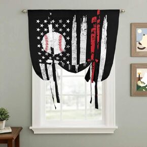 American Flag Tie Up Curtains for Window, US Flag Baseball Stars Vintage Black Thermal Insulated Balloon Shade Adjustable Rod Pocket Curtains Valance Panels for Kitchen Bathroom Café 34'' x 45'' in Saudi Arabia