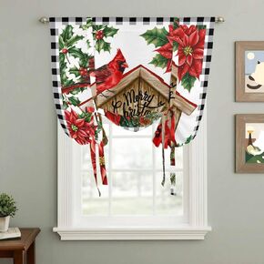 Christmas Cardinal Tie Up Curtains for Window, Winter Xmas Holly Poinsettia Plaid Thermal Insulated Balloon Shade Adjustable Rod Pocket Curtains Valance Panels for Kitchen Bathroom Café 34'' x 45'' in Saudi Arabia