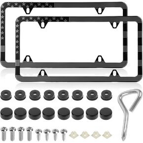 2 PCS American Flag License Plate Frames, Patriotic USA Auto Plate Cover with Free Screws Fasteners Caps and Tool, Rust-Proof Aluminum Car Tag Holder Cover for Front Rear (Black) in Kuwait