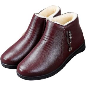 حذاء نسائي بكعب عريض للكاحل من الجلد الناعم وسحاب جانبي وزخارف معدنية لامعة للشتاء الدافئ مبطن بالفرو حذاء الثلوج in Kuwait