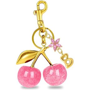 Pink Cherry Keychain with Initial Charm, Gold-Tone Bubble Letter Bag Accessory, Crystal Flower Purse Charm in Saudi Arabia
