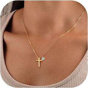 Turandoss Easter Gifts for Women Teen Girls Kids - Cross Gold Birthstone Necklace, 14K Gold Plated Dainty Cross Pendant Created Birthstone Necklaces for Women Jewelry Easter Gifts for Christian Faith in Kuwait