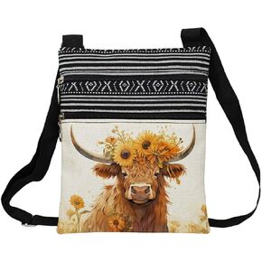Floral Highland Cattle Messenger Bag Small Ethnic Pattern Printed Adjustable Strap Crossbody Zipper Bag Floral Highland Cattle Phone Bag Wallet Cute Shoulder Handbag for Women in Kuwait