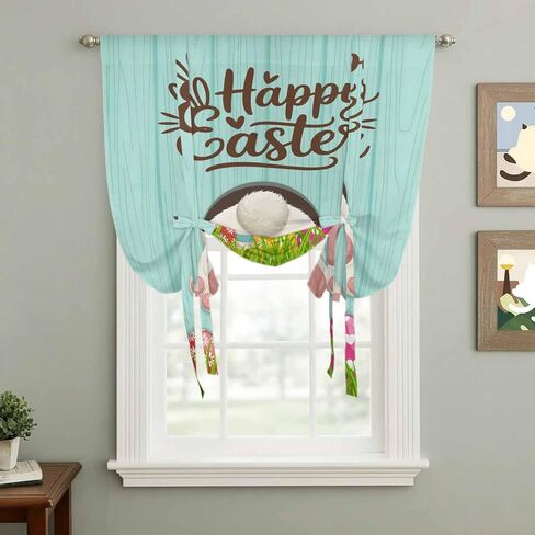 Happy Easter Tie Up Curtains for Window, Spring Bunny Easter Eaggs Grasses Teal Wood Thermal Insulated Balloon Shade Adjustable Rod Pocket Curtains Valance Panels for Kitchen Bathroom Café 42'' x 63'' in Saudi Arabia
