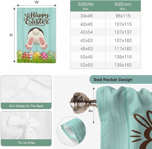 Happy Easter Tie Up Curtains for Window, Spring Bunny Easter Eaggs Grasses Teal Wood Thermal Insulated Balloon Shade Adjustable Rod Pocket Curtains Valance Panels for Kitchen Bathroom Café 42'' x 63'' in Saudi Arabia
