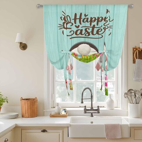 Happy Easter Tie Up Curtains for Window, Spring Bunny Easter Eaggs Grasses Teal Wood Thermal Insulated Balloon Shade Adjustable Rod Pocket Curtains Valance Panels for Kitchen Bathroom Café 42'' x 63'' in Saudi Arabia