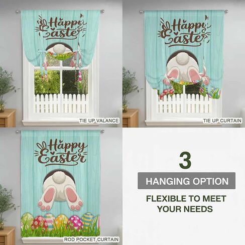Happy Easter Tie Up Curtains for Window, Spring Bunny Easter Eaggs Grasses Teal Wood Thermal Insulated Balloon Shade Adjustable Rod Pocket Curtains Valance Panels for Kitchen Bathroom Café 42'' x 63'' in Saudi Arabia