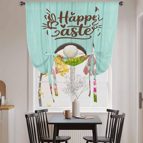Happy Easter Tie Up Curtains for Window, Spring Bunny Easter Eaggs Grasses Teal Wood Thermal Insulated Balloon Shade Adjustable Rod Pocket Curtains Valance Panels for Kitchen Bathroom Café 42'' x 63'' in Saudi Arabia