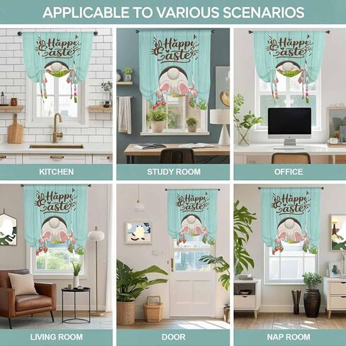 Happy Easter Tie Up Curtains for Window, Spring Bunny Easter Eaggs Grasses Teal Wood Thermal Insulated Balloon Shade Adjustable Rod Pocket Curtains Valance Panels for Kitchen Bathroom Café 42'' x 63'' in Saudi Arabia