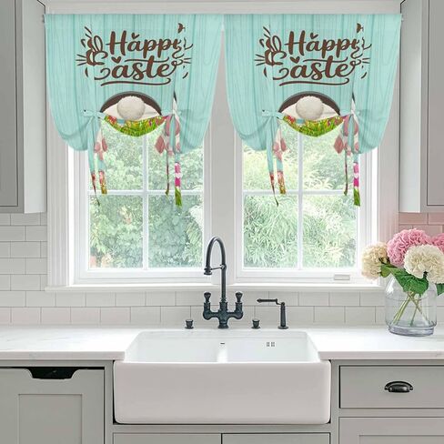 Happy Easter Tie Up Curtains for Window, Spring Bunny Easter Eaggs Grasses Teal Wood Thermal Insulated Balloon Shade Adjustable Rod Pocket Curtains Valance Panels for Kitchen Bathroom Café 42'' x 63'' in Saudi Arabia