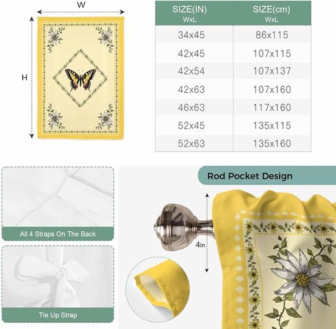 Vintage Butterfly Tie Up Curtains for Window, Floral Botanical Retro Art Thermal Insulated Balloon Shade Adjustable Rod Pocket Curtains Valance Panels for Kitchen Bathroom Café 42'' x 45'' in Saudi Arabia