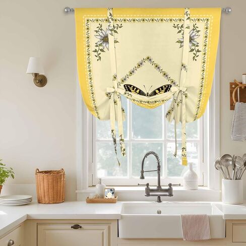 Vintage Butterfly Tie Up Curtains for Window, Floral Botanical Retro Art Thermal Insulated Balloon Shade Adjustable Rod Pocket Curtains Valance Panels for Kitchen Bathroom Café 42'' x 45'' in Saudi Arabia