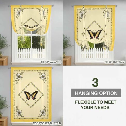 Vintage Butterfly Tie Up Curtains for Window, Floral Botanical Retro Art Thermal Insulated Balloon Shade Adjustable Rod Pocket Curtains Valance Panels for Kitchen Bathroom Café 42'' x 45'' in Saudi Arabia