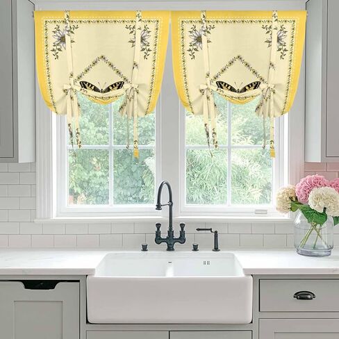 Vintage Butterfly Tie Up Curtains for Window, Floral Botanical Retro Art Thermal Insulated Balloon Shade Adjustable Rod Pocket Curtains Valance Panels for Kitchen Bathroom Café 42'' x 45'' in Saudi Arabia