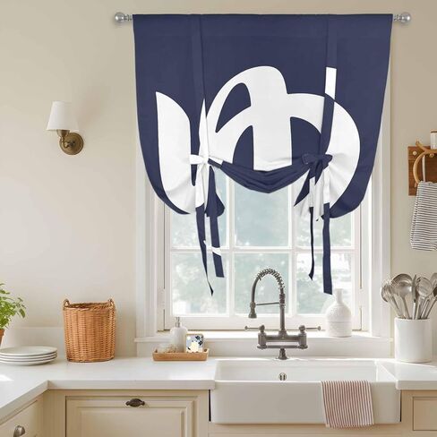 Japanese Style Tie Up Curtains for Window, Vintage Minimalist Navy Blue Thermal Insulated Balloon Shade Adjustable Rod Pocket Curtains Valance Panels for Kitchen Bathroom Café 42'' x 54'' in Saudi Arabia