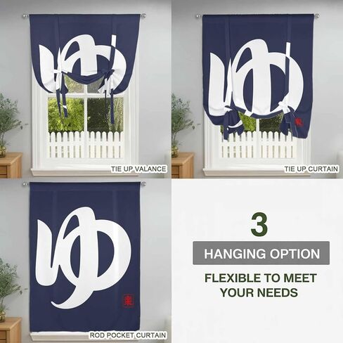 Japanese Style Tie Up Curtains for Window, Vintage Minimalist Navy Blue Thermal Insulated Balloon Shade Adjustable Rod Pocket Curtains Valance Panels for Kitchen Bathroom Café 42'' x 54'' in Saudi Arabia