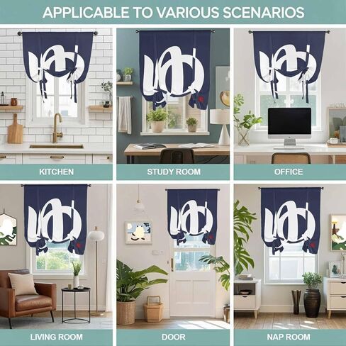Japanese Style Tie Up Curtains for Window, Vintage Minimalist Navy Blue Thermal Insulated Balloon Shade Adjustable Rod Pocket Curtains Valance Panels for Kitchen Bathroom Café 42'' x 54'' in Saudi Arabia