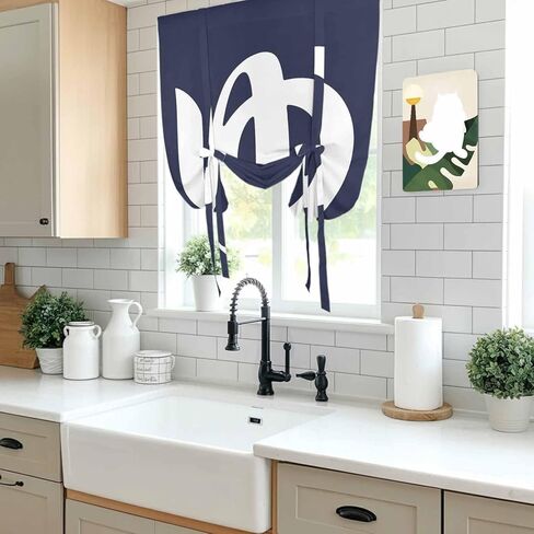 Japanese Style Tie Up Curtains for Window, Vintage Minimalist Navy Blue Thermal Insulated Balloon Shade Adjustable Rod Pocket Curtains Valance Panels for Kitchen Bathroom Café 42'' x 54'' in Saudi Arabia