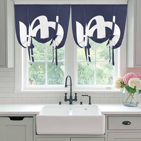 Japanese Style Tie Up Curtains for Window, Vintage Minimalist Navy Blue Thermal Insulated Balloon Shade Adjustable Rod Pocket Curtains Valance Panels for Kitchen Bathroom Café 42'' x 54'' in Saudi Arabia