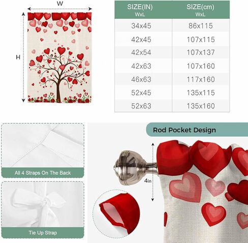 Valentine's Day Tie Up Curtains for Window, Romantic Love Trees Red Roses Beige Thermal Insulated Balloon Shade Adjustable Rod Pocket Curtains Valance Panels for Kitchen Bathroom Café 42'' x 54'' in Saudi Arabia