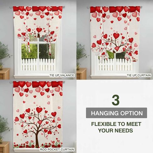 Valentine's Day Tie Up Curtains for Window, Romantic Love Trees Red Roses Beige Thermal Insulated Balloon Shade Adjustable Rod Pocket Curtains Valance Panels for Kitchen Bathroom Café 42'' x 54'' in Saudi Arabia