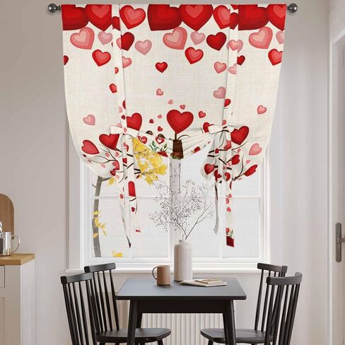 Valentine's Day Tie Up Curtains for Window, Romantic Love Trees Red Roses Beige Thermal Insulated Balloon Shade Adjustable Rod Pocket Curtains Valance Panels for Kitchen Bathroom Café 42'' x 54'' in Saudi Arabia
