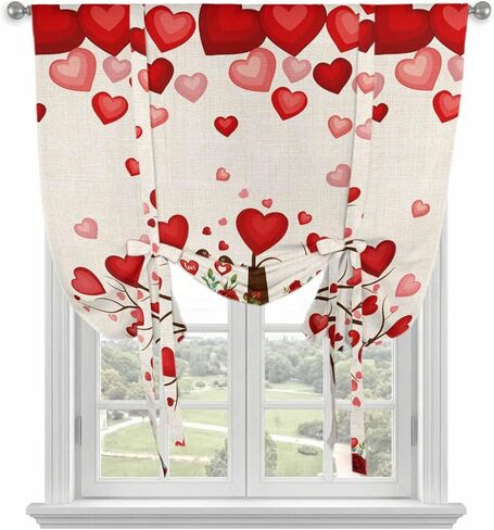 Valentine's Day Tie Up Curtains for Window, Romantic Love Trees Red Roses Beige Thermal Insulated Balloon Shade Adjustable Rod Pocket Curtains Valance Panels for Kitchen Bathroom Café 42'' x 54'' in Saudi Arabia
