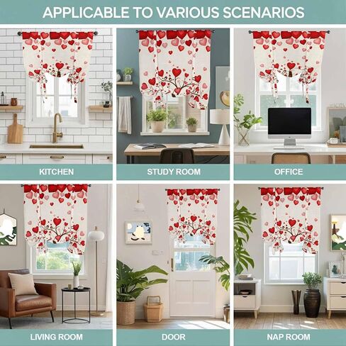 Valentine's Day Tie Up Curtains for Window, Romantic Love Trees Red Roses Beige Thermal Insulated Balloon Shade Adjustable Rod Pocket Curtains Valance Panels for Kitchen Bathroom Café 42'' x 54'' in Saudi Arabia