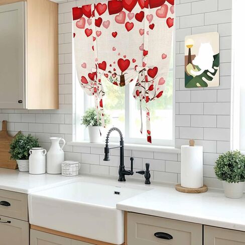 Valentine's Day Tie Up Curtains for Window, Romantic Love Trees Red Roses Beige Thermal Insulated Balloon Shade Adjustable Rod Pocket Curtains Valance Panels for Kitchen Bathroom Café 42'' x 54'' in Saudi Arabia