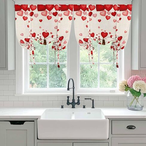 Valentine's Day Tie Up Curtains for Window, Romantic Love Trees Red Roses Beige Thermal Insulated Balloon Shade Adjustable Rod Pocket Curtains Valance Panels for Kitchen Bathroom Café 42'' x 54'' in Saudi Arabia