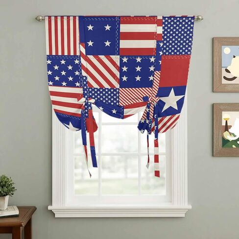 Independence Day Tie Up Curtains for Window, US Flag Star Stripe Vintage Thermal Insulated Balloon Shade Adjustable Rod Pocket Curtains Valance Panels for Kitchen Bathroom Café 42'' x 54'' in Saudi Arabia