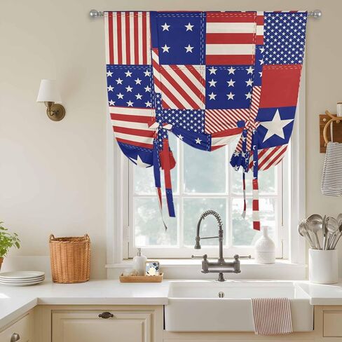 Independence Day Tie Up Curtains for Window, US Flag Star Stripe Vintage Thermal Insulated Balloon Shade Adjustable Rod Pocket Curtains Valance Panels for Kitchen Bathroom Café 42'' x 54'' in Saudi Arabia