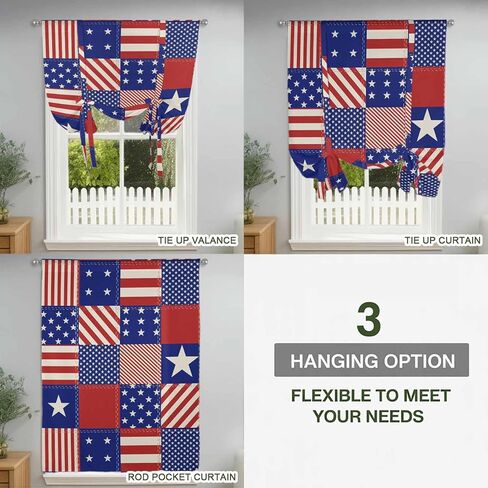 Independence Day Tie Up Curtains for Window, US Flag Star Stripe Vintage Thermal Insulated Balloon Shade Adjustable Rod Pocket Curtains Valance Panels for Kitchen Bathroom Café 42'' x 54'' in Saudi Arabia
