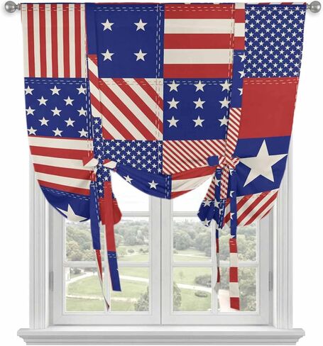 Independence Day Tie Up Curtains for Window, US Flag Star Stripe Vintage Thermal Insulated Balloon Shade Adjustable Rod Pocket Curtains Valance Panels for Kitchen Bathroom Café 42'' x 54'' in Saudi Arabia