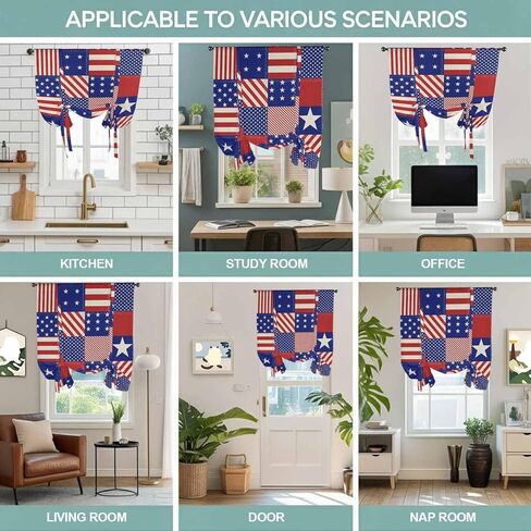 Independence Day Tie Up Curtains for Window, US Flag Star Stripe Vintage Thermal Insulated Balloon Shade Adjustable Rod Pocket Curtains Valance Panels for Kitchen Bathroom Café 42'' x 54'' in Saudi Arabia