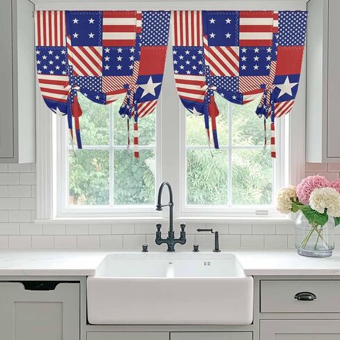 Independence Day Tie Up Curtains for Window, US Flag Star Stripe Vintage Thermal Insulated Balloon Shade Adjustable Rod Pocket Curtains Valance Panels for Kitchen Bathroom Café 42'' x 54'' in Saudi Arabia