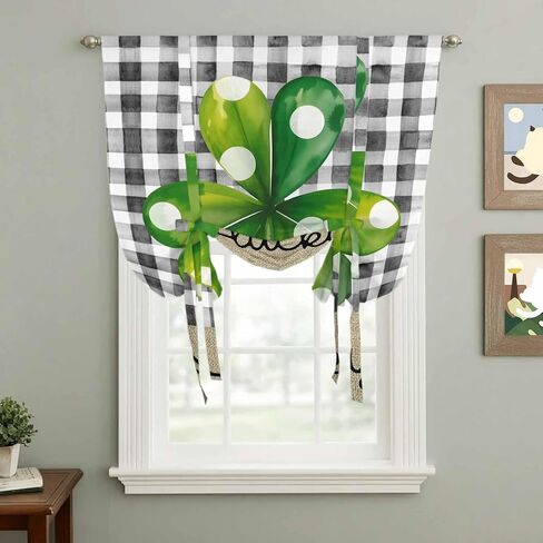 Saint Patrick's Day Tie Up Curtains for Window, Farmhouse Green Lucky Clovers Plaid Thermal Insulated Balloon Shade Adjustable Rod Pocket Curtains Valance Panels for Kitchen Bathroom Café 52'' x 45'' in Saudi Arabia
