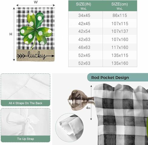 Saint Patrick's Day Tie Up Curtains for Window, Farmhouse Green Lucky Clovers Plaid Thermal Insulated Balloon Shade Adjustable Rod Pocket Curtains Valance Panels for Kitchen Bathroom Café 52'' x 45'' in Saudi Arabia