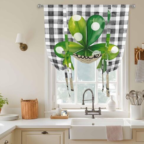 Saint Patrick's Day Tie Up Curtains for Window, Farmhouse Green Lucky Clovers Plaid Thermal Insulated Balloon Shade Adjustable Rod Pocket Curtains Valance Panels for Kitchen Bathroom Café 52'' x 45'' in Saudi Arabia