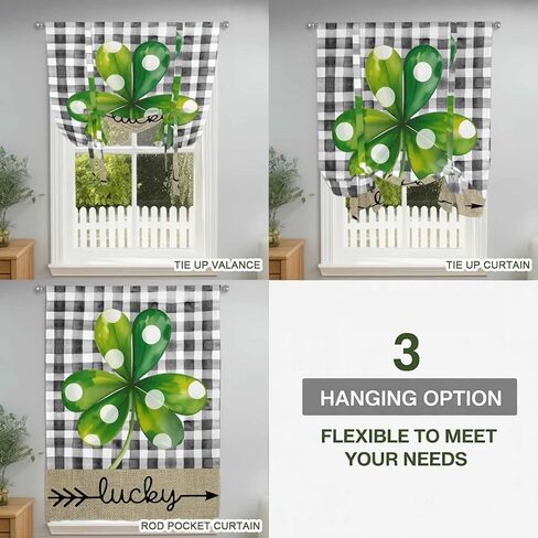 Saint Patrick's Day Tie Up Curtains for Window, Farmhouse Green Lucky Clovers Plaid Thermal Insulated Balloon Shade Adjustable Rod Pocket Curtains Valance Panels for Kitchen Bathroom Café 52'' x 45'' in Saudi Arabia