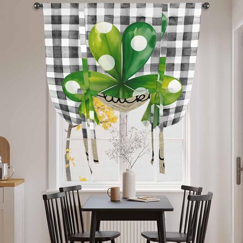 Saint Patrick's Day Tie Up Curtains for Window, Farmhouse Green Lucky Clovers Plaid Thermal Insulated Balloon Shade Adjustable Rod Pocket Curtains Valance Panels for Kitchen Bathroom Café 52'' x 45'' in Saudi Arabia