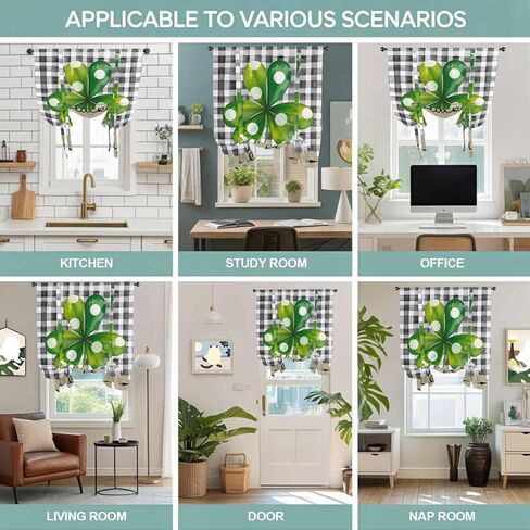 Saint Patrick's Day Tie Up Curtains for Window, Farmhouse Green Lucky Clovers Plaid Thermal Insulated Balloon Shade Adjustable Rod Pocket Curtains Valance Panels for Kitchen Bathroom Café 52'' x 45'' in Saudi Arabia