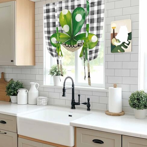 Saint Patrick's Day Tie Up Curtains for Window, Farmhouse Green Lucky Clovers Plaid Thermal Insulated Balloon Shade Adjustable Rod Pocket Curtains Valance Panels for Kitchen Bathroom Café 52'' x 45'' in Saudi Arabia