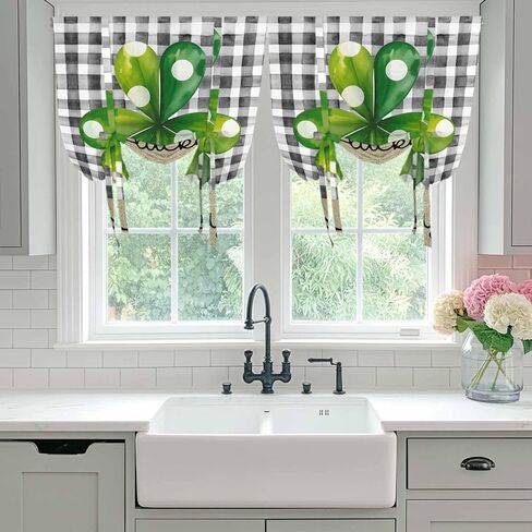 Saint Patrick's Day Tie Up Curtains for Window, Farmhouse Green Lucky Clovers Plaid Thermal Insulated Balloon Shade Adjustable Rod Pocket Curtains Valance Panels for Kitchen Bathroom Café 52'' x 45'' in Saudi Arabia
