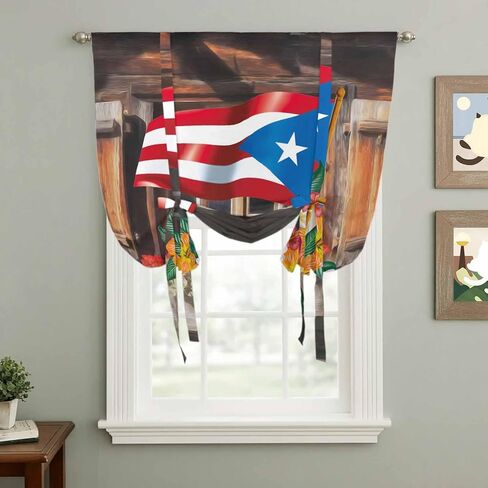 Puerto Rico Flag Tie Up Curtains for Window, Farmhouse Retro Flowers American Flags Thermal Insulated Balloon Shade Adjustable Rod Pocket Curtains Valance Panels for Kitchen Bathroom Café 52'' x 45'' in Saudi Arabia