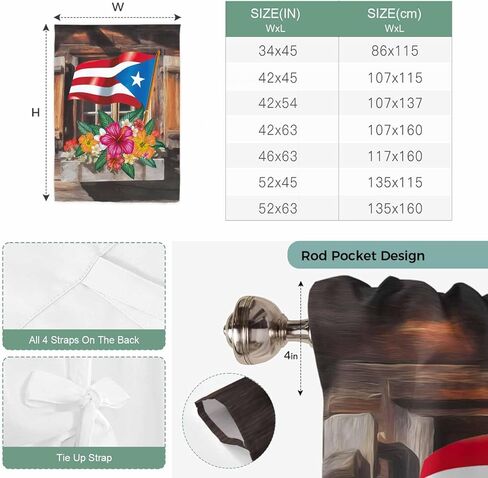 Puerto Rico Flag Tie Up Curtains for Window, Farmhouse Retro Flowers American Flags Thermal Insulated Balloon Shade Adjustable Rod Pocket Curtains Valance Panels for Kitchen Bathroom Café 52'' x 45'' in Saudi Arabia