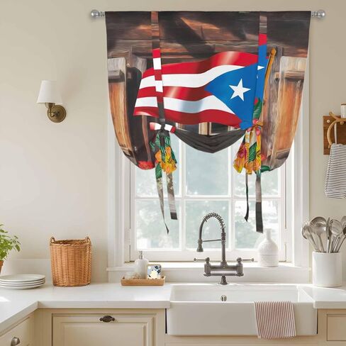 Puerto Rico Flag Tie Up Curtains for Window, Farmhouse Retro Flowers American Flags Thermal Insulated Balloon Shade Adjustable Rod Pocket Curtains Valance Panels for Kitchen Bathroom Café 52'' x 45'' in Saudi Arabia