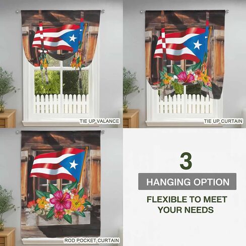 Puerto Rico Flag Tie Up Curtains for Window, Farmhouse Retro Flowers American Flags Thermal Insulated Balloon Shade Adjustable Rod Pocket Curtains Valance Panels for Kitchen Bathroom Café 52'' x 45'' in Saudi Arabia